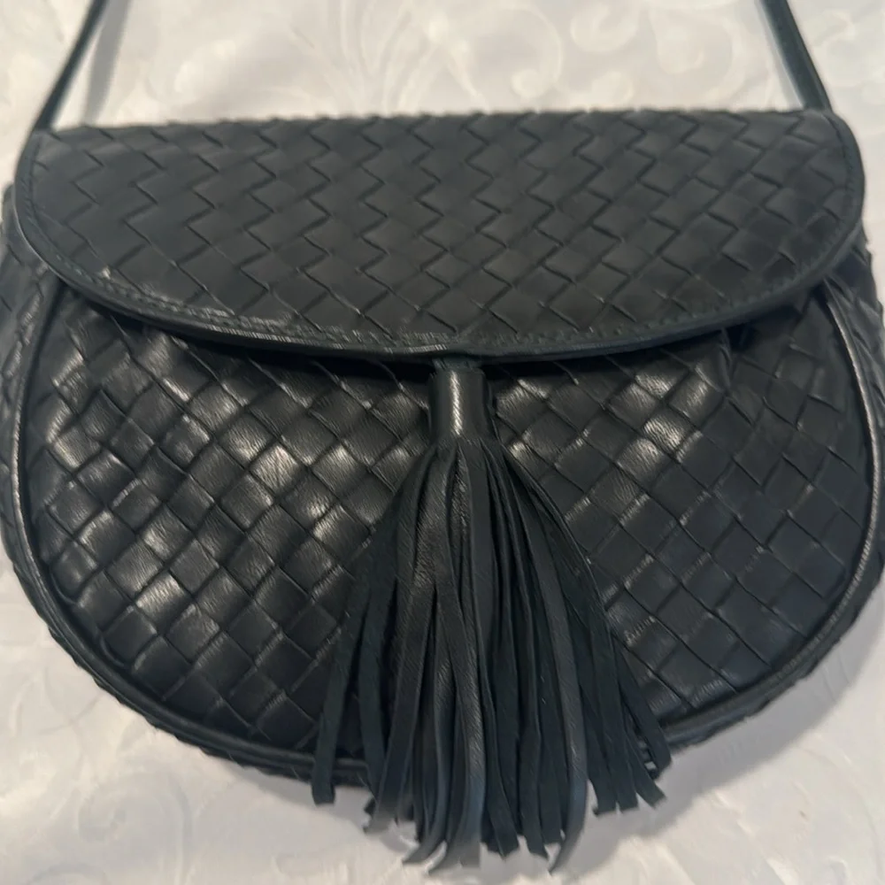 Black/Deep Green Woven Leather Crossbody Bag with Tassel